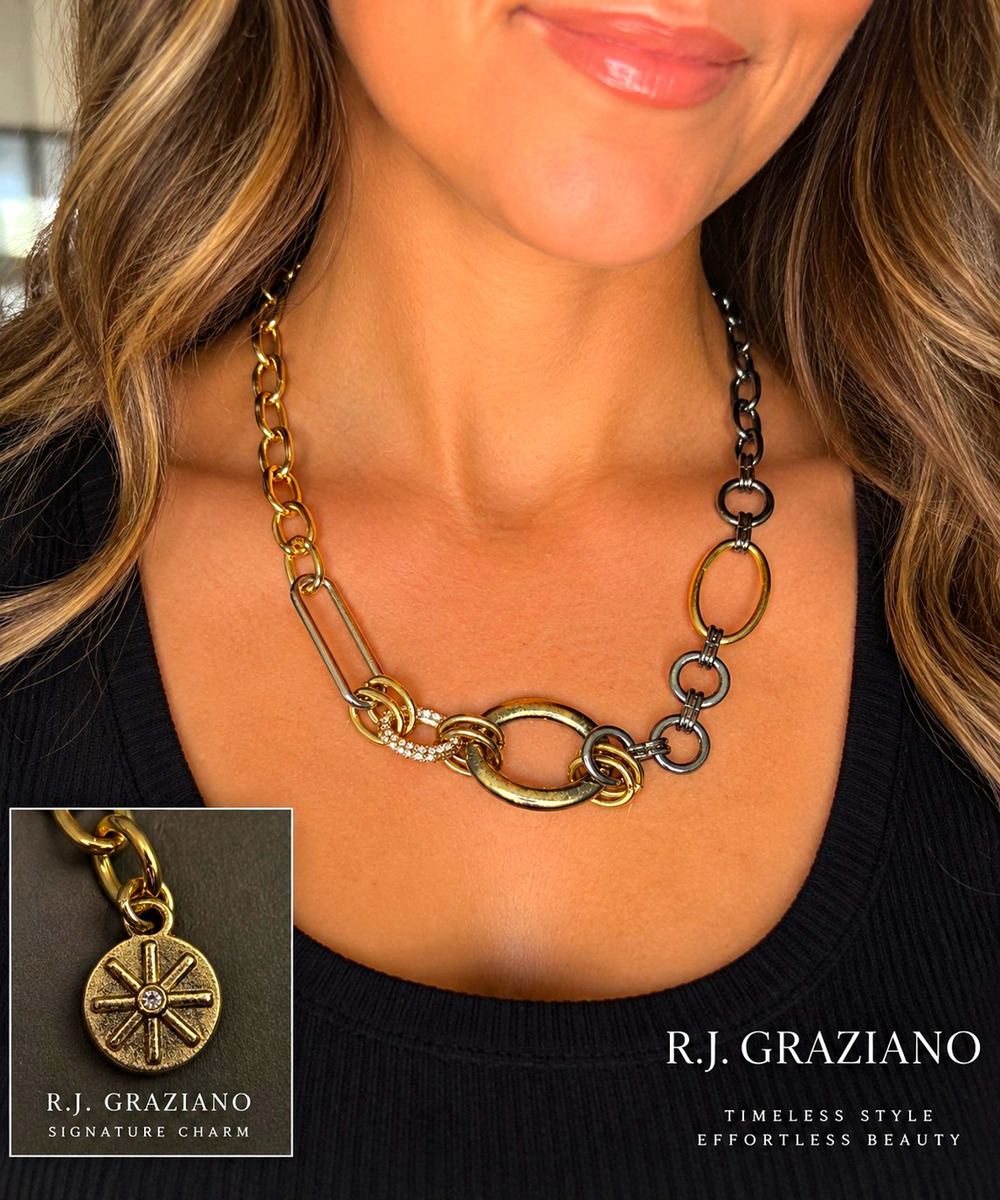 R.J. Graziano Mixed Metal Link Statement Necklace Gold Gunmetal Rhinestone Signe